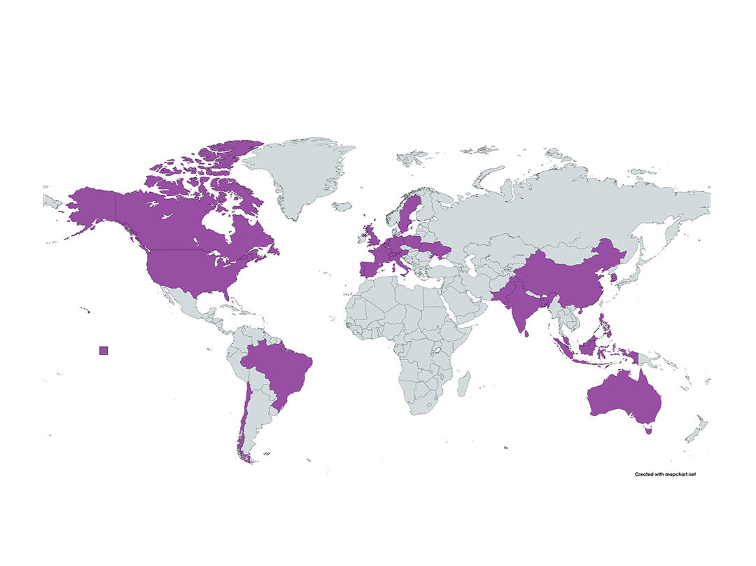 map of every country i have worked with throughout my career
